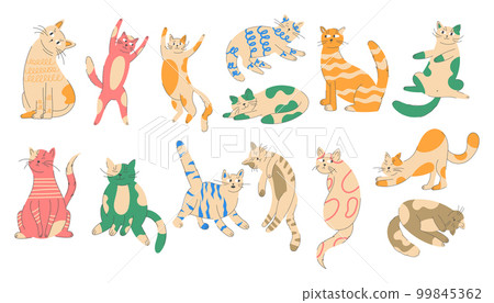 Cute doodle cats, funny kitten. Sketch style drawing animals, hand drawn love adorable cats stickers collection, happy pets portrait. Vector garish illustration cartoon flat style isolated characters 99845362