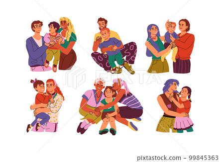 Children hugs. Enfants and parents embraces. Happiness and smile. Child in warm tights. Brothers with dad toys. Kid friends. Toddler in cuddle of couple. Happy people set. Vector exact illustration 99845363