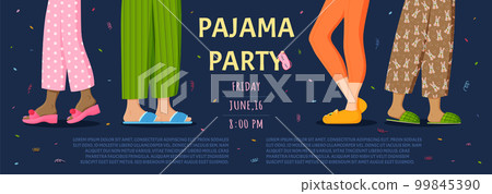Pajamas party. Girl slumber night. Fun invite with sleepwear pants. Child fashion holiday with pillows. Legs in cozy slippers. Birthday celebration. Sleepover event. Vector utter invitation banner 99845390