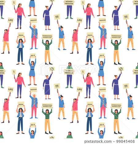 Women demonstration or protesting, creative people banner. Happy fashion protestants clipart, creative girls. Background design. Backdrop for posters. Vector garish image equal and freedom concept Women demonstration or protesting, creative people banner. Happy fashion protestants clipart, creative girls. Background design. Backdrop for posters. Vector garish image equal and freedom concept 99845408