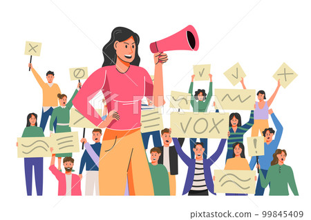 Political movements, isolated crowd community. Woman with megaphone in social protest, people in streets. Different characters hold placard. Demonstration concept. Vector garish banner illustration Political movements, isolated crowd community. Woman with megaphone in social protest, people in streets. Different characters hold placard. Demonstration concept. Vector garish banner illustration 99845409