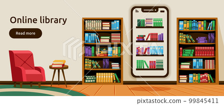 Bookstore banner. Online science library. Read book in archive. Education learn or study. Bookshop cover. Electronic literature mobile service. Smartphone application. Vector garish cartoon concept Bookstore banner. Online science library. Read book in archive. Education learn or study. Bookshop cover. Electronic literature mobile service. Smartphone application. Vector garish cartoon concept 99845411