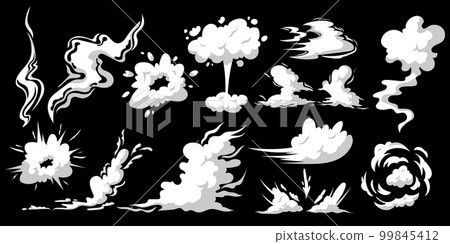 Smoke clouds set, wind stream, comic space. Cartoon dust white silhouette, graphic bouffant effect, design isolated elements for games. Dust and mist, exploding smoky motion. Vector garish collection Smoke clouds set, wind stream, comic space. Cartoon dust white silhouette, graphic bouffant effect, design isolated elements for games. Dust and mist, exploding smoky motion. Vector garish collection 99845412
