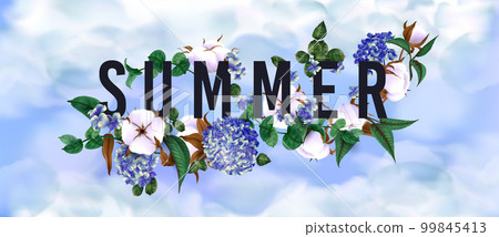 Hydrangea and cotton flower print. Summer season slogan. Nature spring branch. Light floral leaf. Blooming plant. Beauty garden. Summertime sky. Hortencia blossom. Vector realistic exact banner design Hydrangea and cotton flower print. Summer season slogan. Nature spring branch. Light floral leaf. Blooming plant. Beauty garden. Summertime sky. Hortencia blossom. Vector realistic exact banner design 99845413