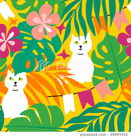 Vector seamless pattern with white cats among the bright foliage of the rainforest with palm leaves, monstera, flowers and flags 99845442