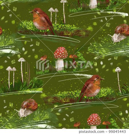 Seamless pattern with forest macro scenes Mushrooms, snail and bird among mosses 99845443
