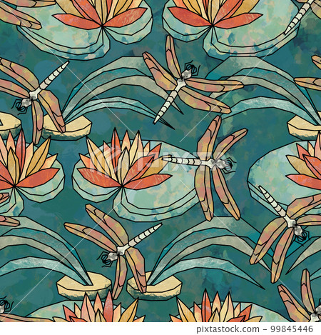 Seamless pattern in vintage stained glass technique style with a pond, water lilies and dragonflies Seamless pattern in vintage stained glass technique style with a pond, water lilies and dragonflies 99845446