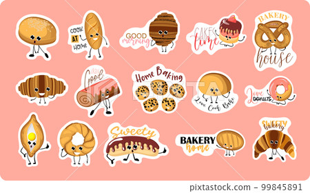 Collection of stickers with cute funny phrases about the bakery. bakery. Cute cartoon character in different poses. bread, loaf, cookies and other homemade pastries. Collection of stickers with cute funny phrases about the bakery. bakery. Cute cartoon character in different poses. bread, loaf, cookies and other homemade pastries. 99845891