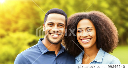 Young friendly smiling colored couple in front of green sunny background, fictional person, made with generative AI Young friendly smiling colored couple in front of green sunny background, fictional person, made with generative AI 99846240