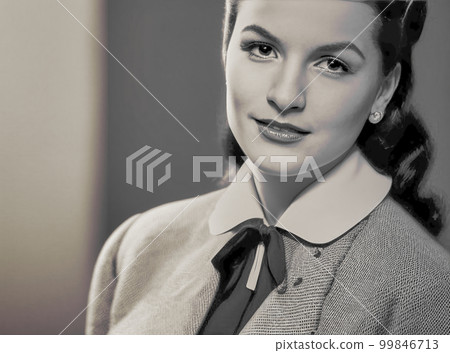 Black and white image of a young woman in the 1950s wearing a high necked dress with a collar, fictional person, made with generative AI Black and white image of a young woman in the 1950s wearing a high necked dress with a collar, fictional person, made with generative AI 99846713