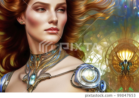Illustration of a woman with flowing red hair and filigree luxurious jewelry at the neck and across her shoulders, fictional person. Made with generative AI Illustration of a woman with flowing red hair and filigree luxurious jewelry at the neck and across her shoulders, fictional person. Made with generative AI 99847653