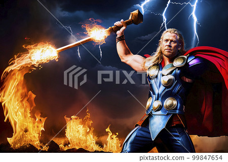 Fantastic warrior wearing blue armor with gold fittings, red cloak and holding a flaming staff with fire emanating from it, fictional person. Made with generative AI 99847654