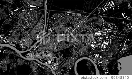 Kaunas city background map, black and white urban area municipal map, 1920 1080. River Neman and Neris, roads and railway, buildings and parks. 99848540