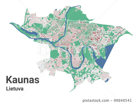 Kaunas city map, detailed administrative borders metropolitan map. River Neman, roads and railway, buildings and parks. 99848541