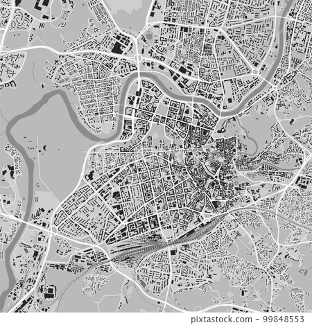 Vilnius city map, grey square urban area municipal map, Lithuania. River Neris and Vilnia, roads and railway, buildings and parks. 99848553