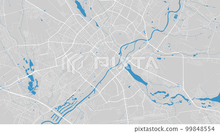 River Warta map, Poznan city, Poland. Watercourse, water flow, blue on grey background road map. Vector illustration. 99848554