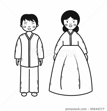 Man and woman with Asian appearance. Hanbok. Traditional Korean clothes. Vector doodle illustration. Character. Man and woman with Asian appearance. Hanbok. Traditional Korean clothes. Vector doodle illustration. Character. 99848577