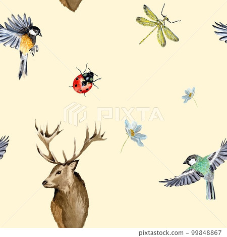 Nature bird deer ladybug beige pattern watercolor Nature bird deer ladybug beige pattern watercolor 99848867