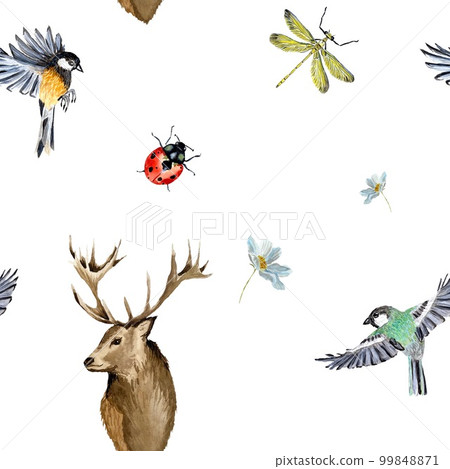 Nature bird deer ladybug cute pattern watercolor Nature bird deer ladybug cute pattern watercolor 99848871