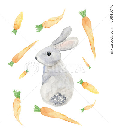 Cute Bunny with carrot. Easter template. Hand drawn watercolor animals illustration Cute Bunny with carrot. Easter template. Hand drawn watercolor animals illustration 99849770