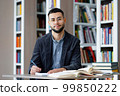 Student studying in library and smiling at camera 99850222