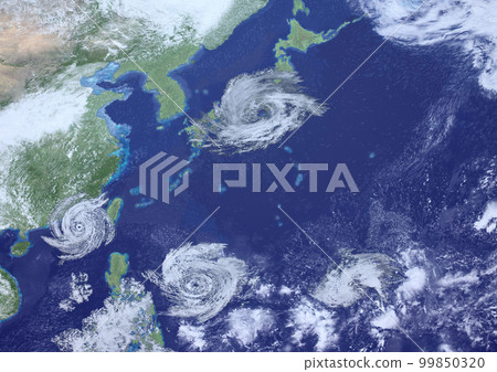 A huge typhoon that landed in Japan and several other typhoons fictitious (3DCG image) A huge typhoon that landed in Japan and several other typhoons fictitious (3DCG image) 99850320