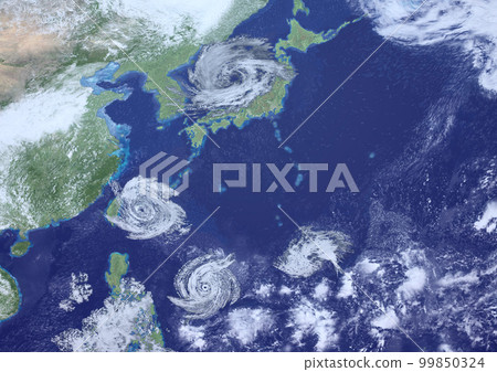 Japan sea typhoon and other typhoons & tropical cyclones fictitious (3DCG image) 99850324