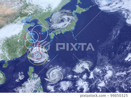 Sea of Japan typhoon and other typhoons & fictitious track forecast map (3DCG image) 99850325