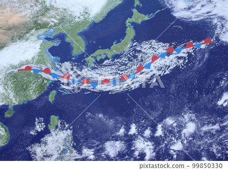 Japanese archipelago rainy season front fictitious weather map and symbols (3DCG image) 99850330