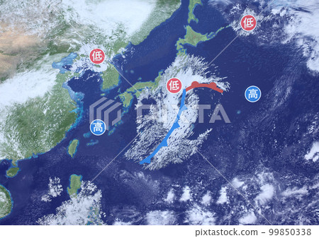 日本列島南海岸低壓虛擬天氣圖和符號（3DCG 圖像） 99850338