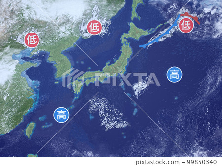 日本列島南高北低虛擬天氣圖和符號(3DCG 圖像) 日本列島南高北低虛擬天氣圖和符號(3DCG 圖像) 99850340