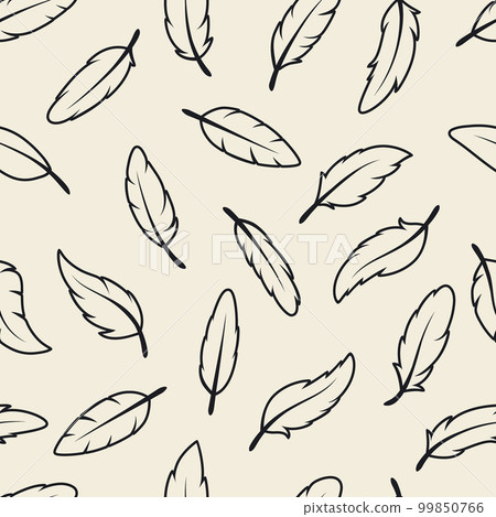 Vector Seamless Pattern with Different Black Fluffy Feather Silhouettes on White Background. Design Template of Flamingo, Angel, Bird Feathers for Wall Paper, Textile. Lightness, Freedom Concept 99850766