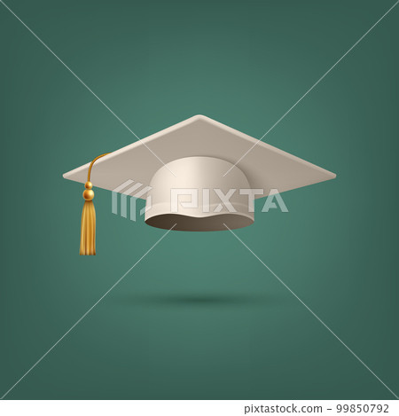 Vector 3d Realistic White Graduate College, High School, University Black Cap Icon Closeup Isolated. Vector Degree Ceremony Hat. Educational Student Symbol, Hat. Front View 99850792