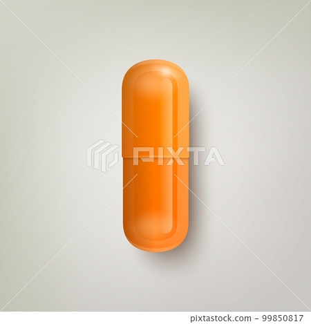 Vector 3d Realistic Orange Pharmaceutical Medical Pill, Capsule, Tablet on White Background. Front View. Copy Space. Medicine, Health Concept 99850817