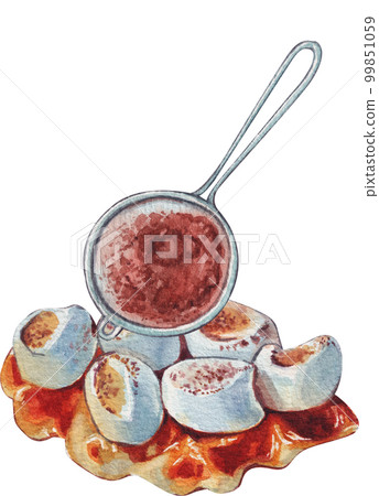 Homemade Croissant Waffle Croffles with Berries and Cream watercolor Homemade Croissant Waffle Croffles with Berries and Cream watercolor 99851059