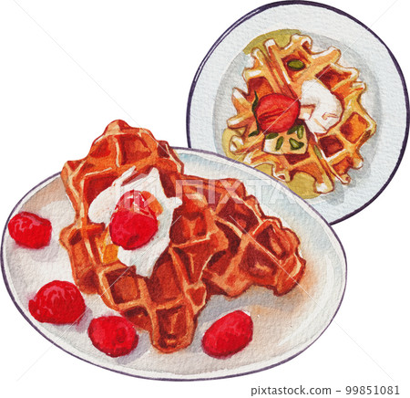 Homemade Croissant Waffle Croffles with Berries and Cream watercolor 99851081