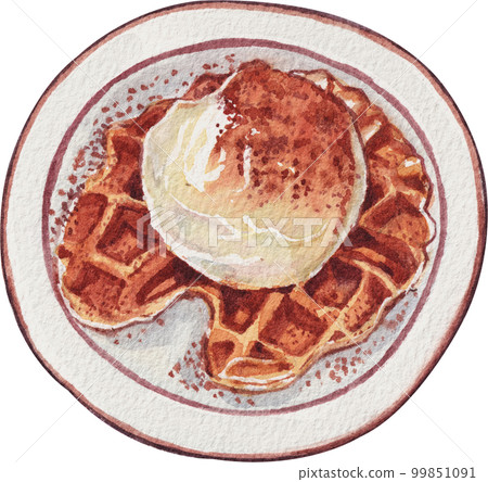 Homemade Croissant Waffle Croffles with Berries and Cream watercolor 99851091