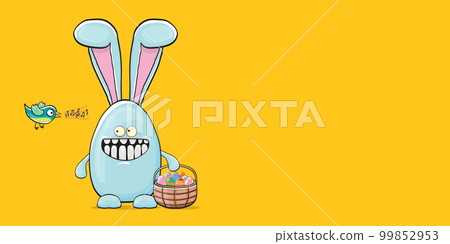 Cartoon funny cartoon blue easter bunny holding easter backet with full of colorful easter eggs isolated on orange horizontal banner background. Easter hand drawn blue cute rabbit sticker or label Cartoon funny cartoon blue easter bunny holding easter backet with full of colorful easter eggs isolated on orange horizontal banner background. Easter hand drawn blue cute rabbit sticker or label 99852953