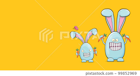 Cartoon funny cartoon blue easter bunny holding orange carrots isolated on orange horizontal banner background. Easter hand drawn blue cute rabbit sticker or label 99852969