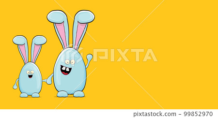 Cartoon funny cartoon blue easter bunny isolated on orange horizontal banner background. Easter hand drawn blue cute rabbit sticker or label 99852970
