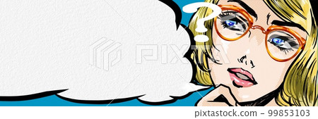 Wide size color illustration of the face of a 60's American comic style blond bespectacled beauty who tilts her head in doubt Wide size color illustration of the face of a 60's American comic style blond bespectacled beauty who tilts her head in doubt 99853103