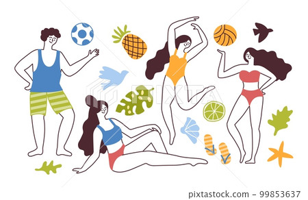 Happy doodle human. Beach lifestyle. Funny summer tropical characters. Diversity travel persons. Man playing with ball. Women in bikini. Leaves and fruits. Vector isolated illustration 99853637
