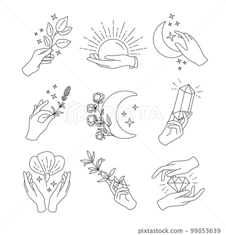 Simple hand logo, boho emblems, esoteric logotype design. Magic feminine touch, delicate crystals, star and flowers, clean monogram for jewelry label. Line elements. Vector design symbols set Simple hand logo, boho emblems, esoteric logotype design. Magic feminine touch, delicate crystals, star and flowers, clean monogram for jewelry label. Line elements. Vector design symbols set 99853639