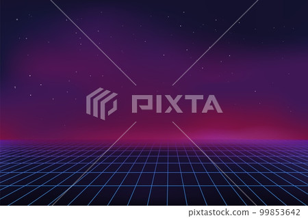 Retro game background. Digital waves. Abstract future landscape. 3D virtual purple grid. Line laser mesh. Space perspective. Wireframe backdrop. Cyberspace net. Vector graphic design Retro game background. Digital waves. Abstract future landscape. 3D virtual purple grid. Line laser mesh. Space perspective. Wireframe backdrop. Cyberspace net. Vector graphic design 99853642