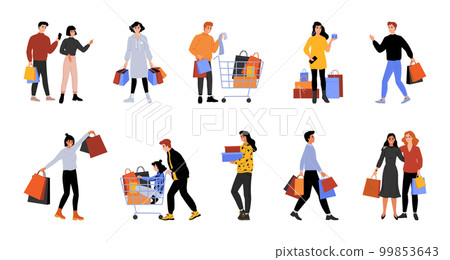 People shop in discount. Persons with shopping carts and bags. Men and women making purchase in mall. Customers buy or shoes and clothing. Store buyers set. Vector illustration collection 99853643