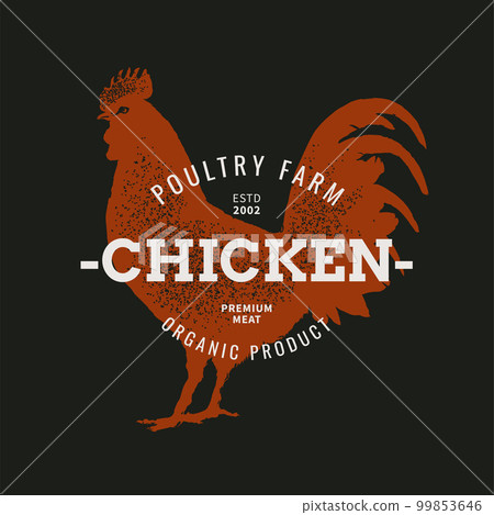 Butcher emblem, poultry stamp, rooster print. Vintage hen poster, retro chicken silhouette, outline meat logo. Premium film logotype. Hand drawn monochrome cockerel vector illustration 99853646