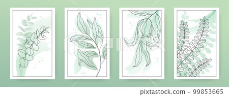 Abstract nature art, plant posters. Watercolor leaf drawing, minimalist organic summer or autumn boho cards. Herbal rustic wedding decor. Vector design elements set, background or covers Abstract nature art, plant posters. Watercolor leaf drawing, minimalist organic summer or autumn boho cards. Herbal rustic wedding decor. Vector design elements set, background or covers 99853665