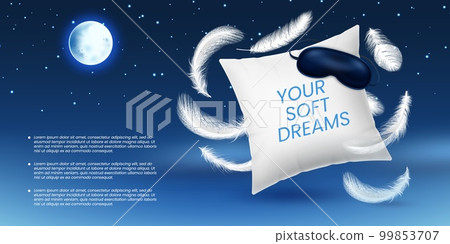 3D sleep pillow. Comfort bed. Dream with feather and mask. Soft night cushion. Realistic cotton product for bedroom. Sky stars and moon. Nighttime relaxation. Vector design concept 99853707