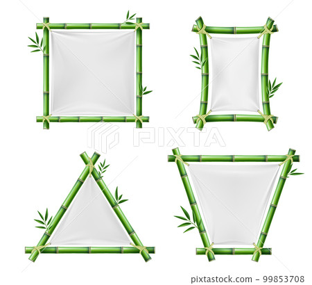 Bamboo banners. Realistic wooden frames with white textile. 3D blank Japanese posters. Geometric constructions. Green segmented trunks tied with rope. Vector Asian signboard borders set 99853708
