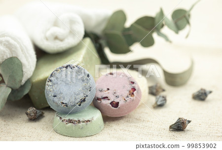 Close-up, multicolored handmade soap on a blurred background. 99853902